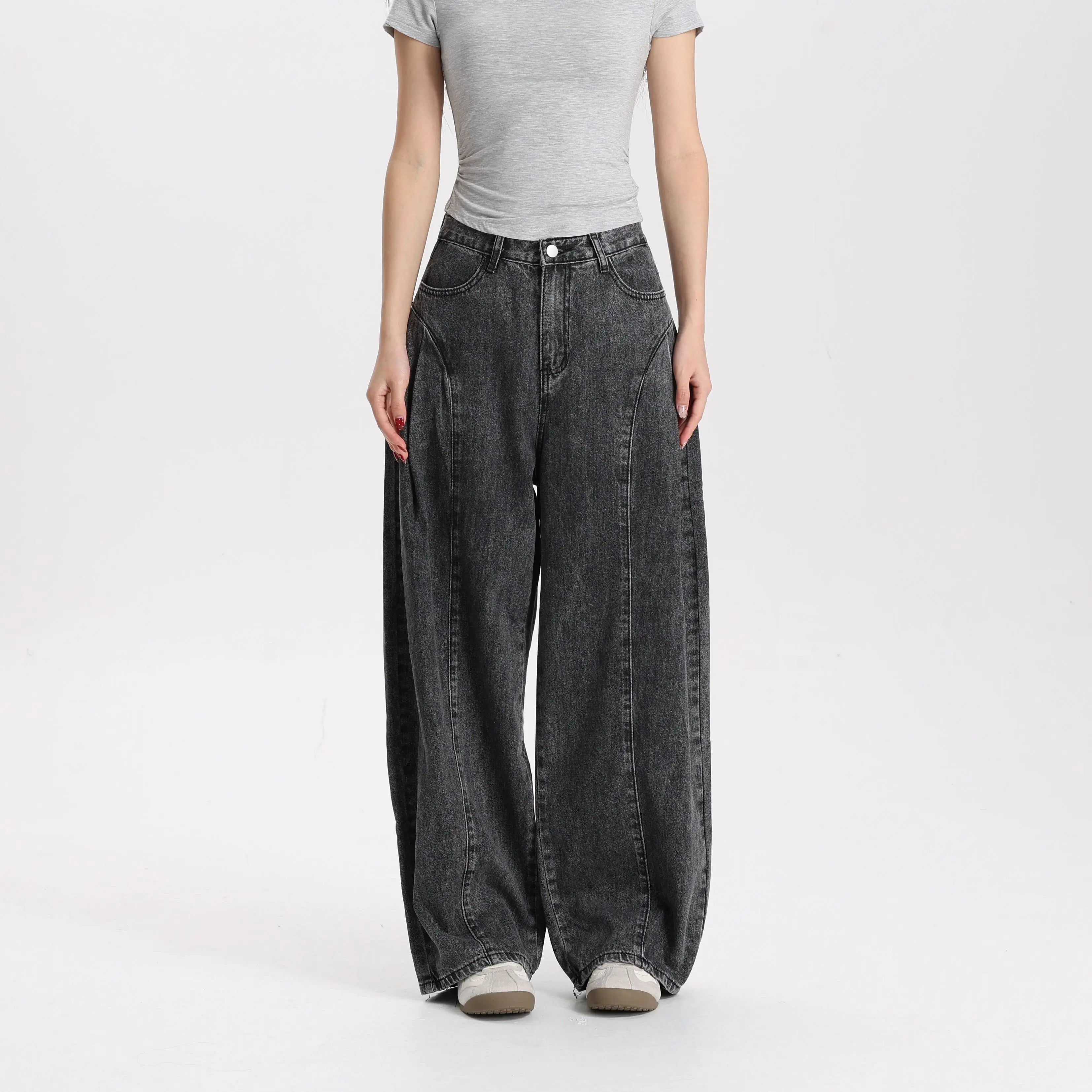 Women Vintage Washed Black Denim Pants Barrel Leg Mid Rise Relaxed Fit Trendy Street Style Jeans High Quality