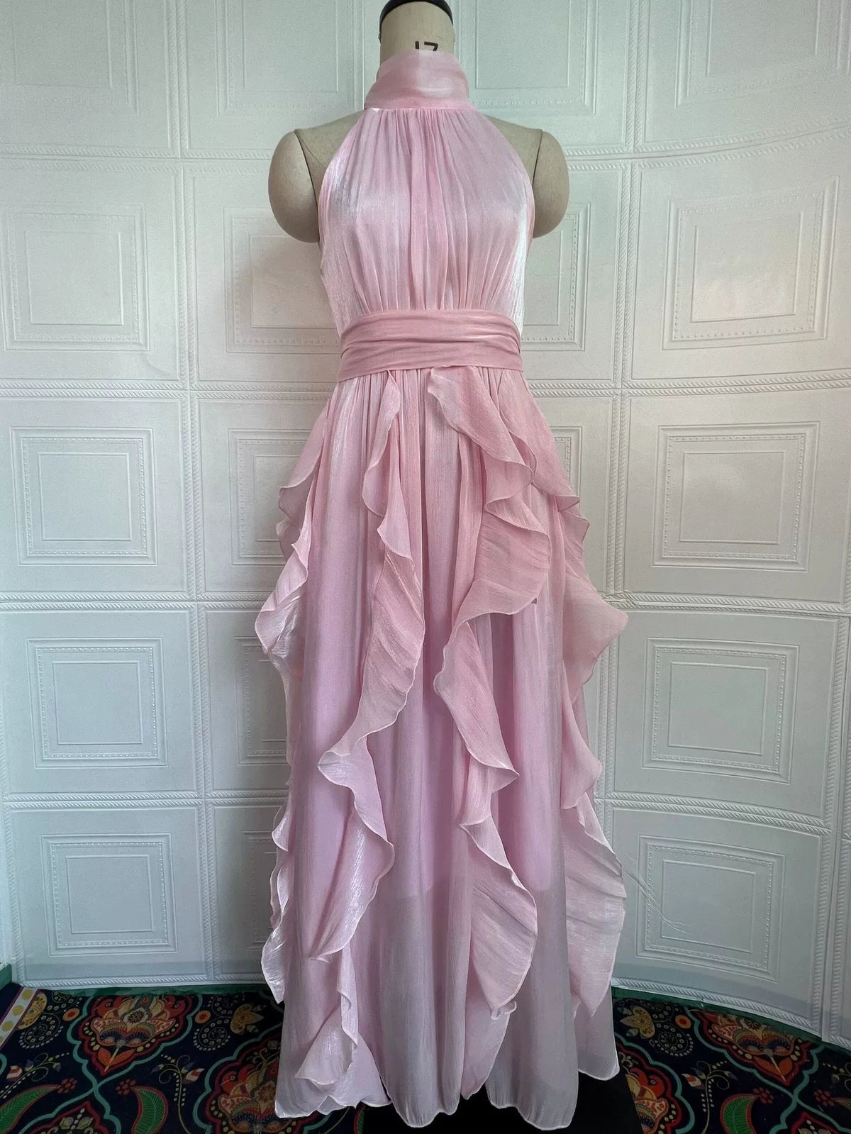 Women'S Spring 2026 Vintage Elegant Ruffled Sleeveless Cinched Waist Long Dress New Arrival