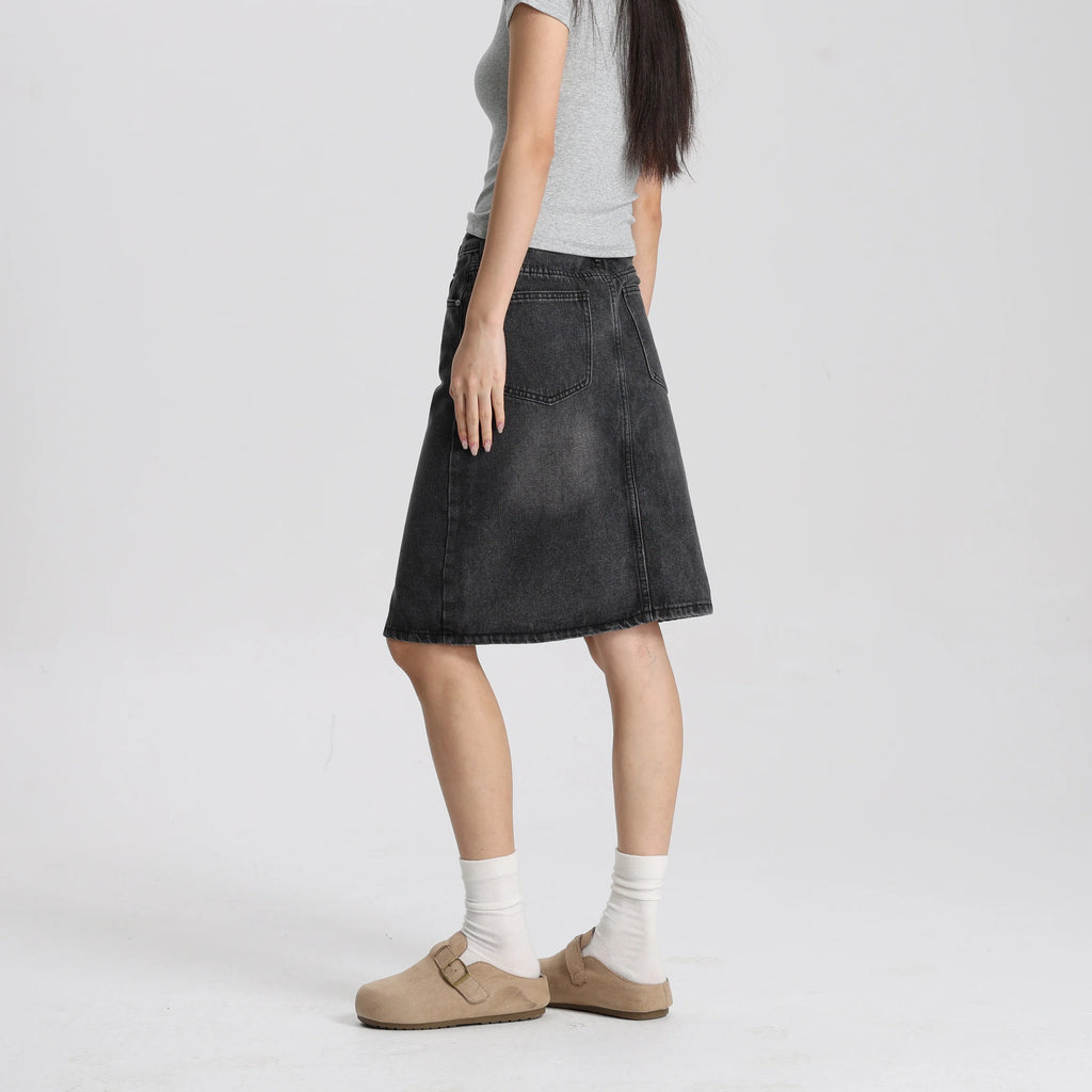 Women Washed Black Denim A-Line Mini Skirt Mid Waist Casual Vintage Style High Quality Fashion Skirt