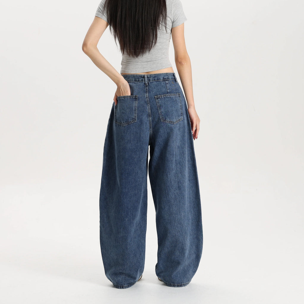 Women Classic Blue Barrel Leg Denim Jeans Mid Rise Relaxed Fit Vintage Style Trendy Streetwear Pants