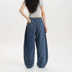 Women Classic Blue Barrel Leg Denim Jeans Mid Rise Relaxed Fit Vintage Style Trendy Streetwear Pants