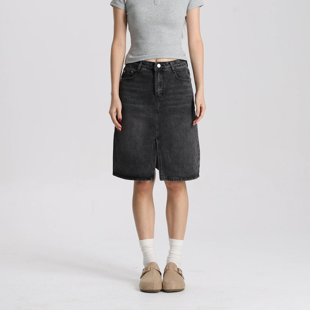Women Washed Black Denim A-Line Mini Skirt Mid Waist Casual Vintage Style High Quality Fashion Skirt