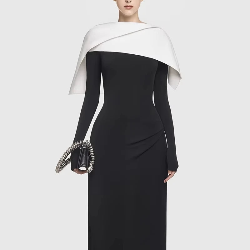 Black and White Color Blocked Knitted Floor Length Dress 2024 New Asymmetrical Shoulder Pleated Long Dress