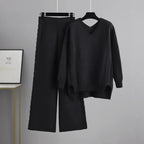 Women's Solid Casual Knitted Wide Leg Pants Sweater Set Autumn Winter Outfit New Korean Version Regular Fashion Two-piece Set
