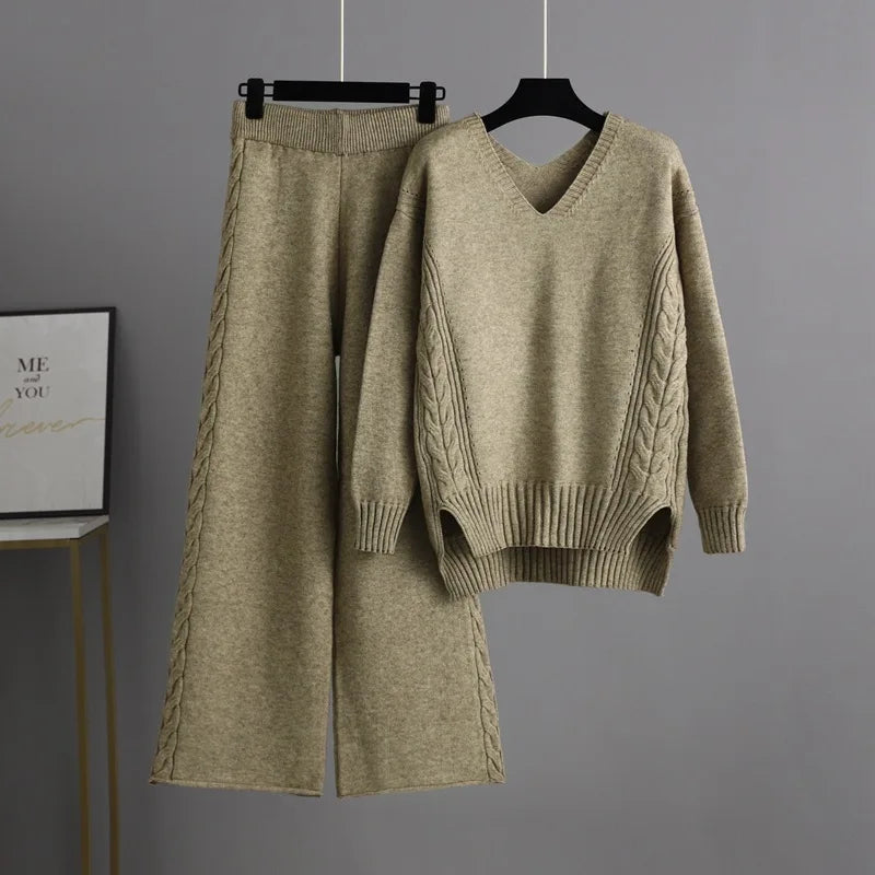 Women's Solid Casual Knitted Wide Leg Pants Sweater Set Autumn Winter Outfit New Korean Version Regular Fashion Two-piece Set