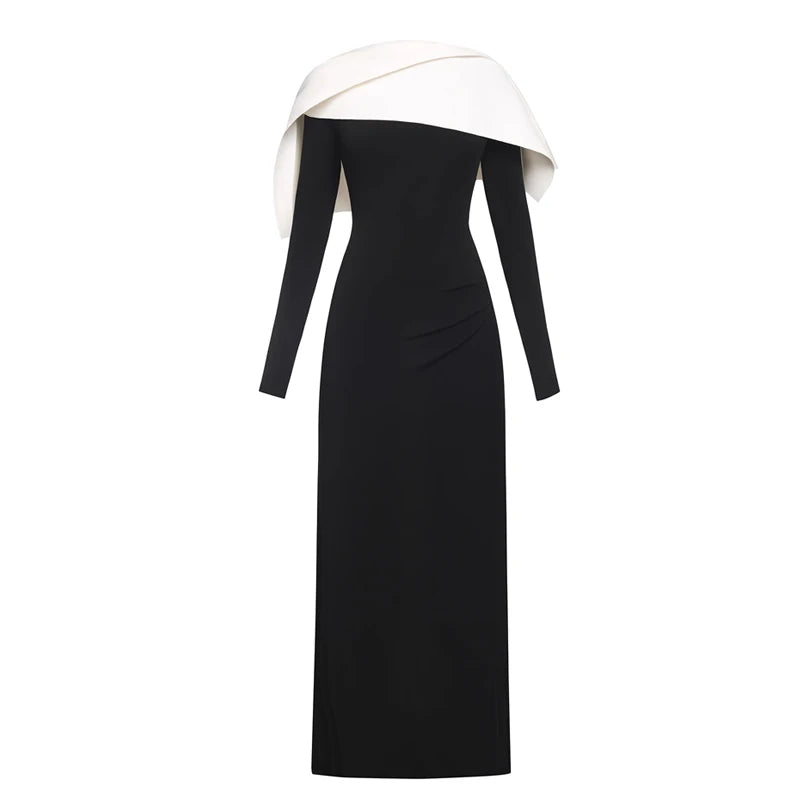 Black and White Color Blocked Knitted Floor Length Dress 2024 New Asymmetrical Shoulder Pleated Long Dress