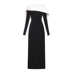 Black and White Color Blocked Knitted Floor Length Dress 2024 New Asymmetrical Shoulder Pleated Long Dress
