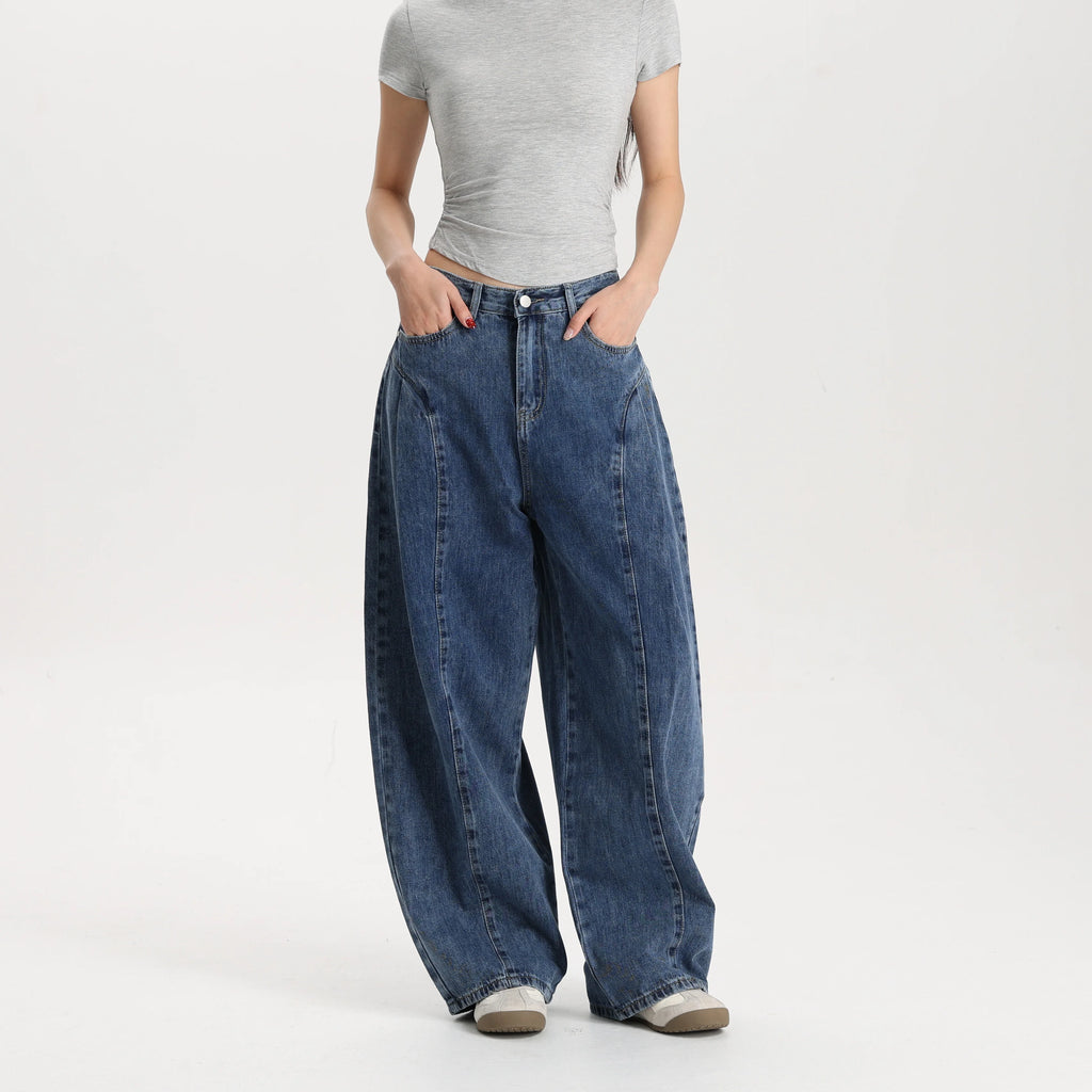 Women Classic Blue Barrel Leg Denim Jeans Mid Rise Relaxed Fit Vintage Style Trendy Streetwear Pants