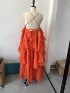 Hot Sale Ladies Summer Maxi Dress A-Line Flower Layered Halter Backless Sleeveless with Ruffles Decoration Parties Casual Dress