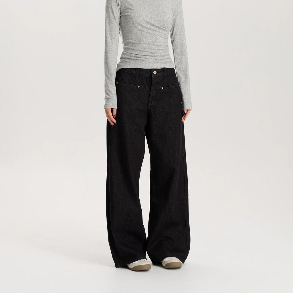 Women Black Wide Leg Jeans Mid Waist Loose Fit Casual Vintage Denim Pants High Quality Durable Structured Fabric