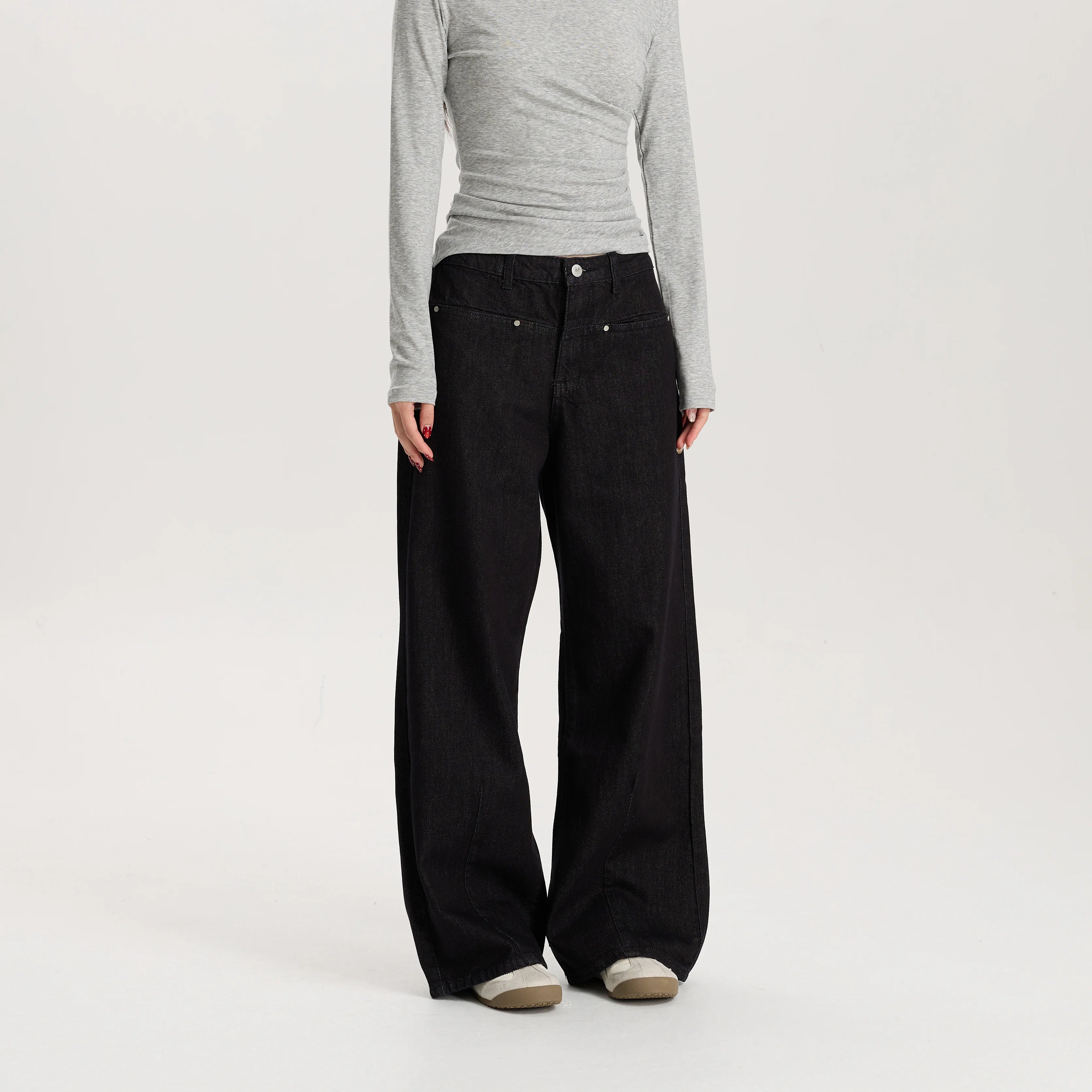 Women Black Wide Leg Jeans Mid Waist Loose Fit Casual Vintage Denim Pants High Quality Durable Structured Fabric