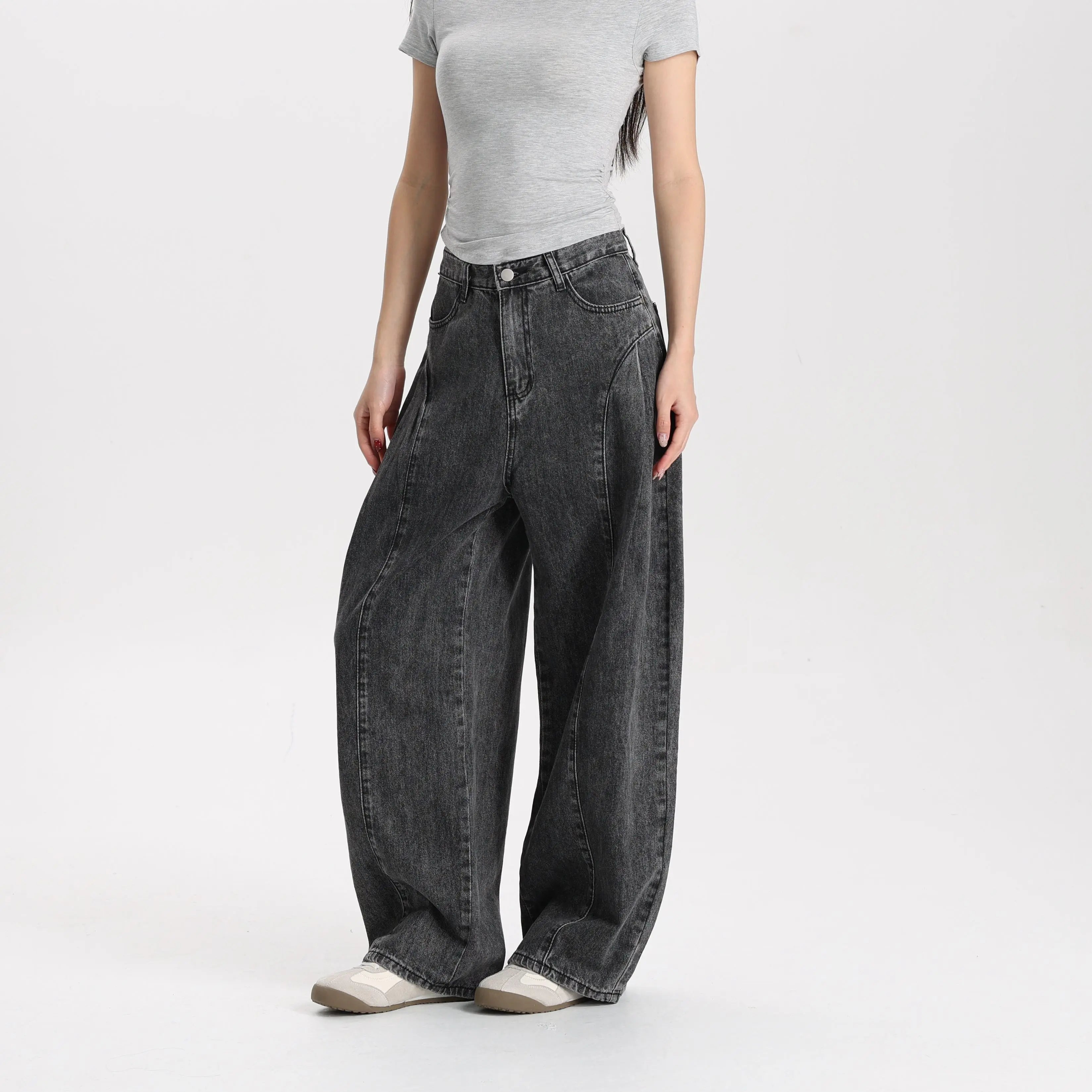 Women Vintage Washed Black Denim Pants Barrel Leg Mid Rise Relaxed Fit Trendy Street Style Jeans High Quality