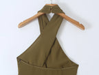 TAOP&ZA Retro Fashion European and American Style 2026 New Women's Halter Neck Beaded Backless Ruffle Sleeveless Dress