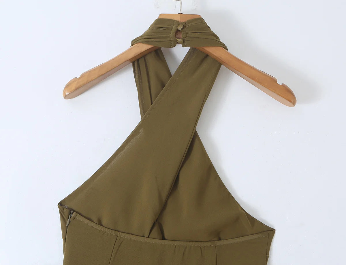 TAOP&ZA Retro Fashion European and American Style 2026 New Women's Halter Neck Beaded Backless Ruffle Sleeveless Dress