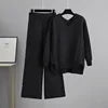 Women's Solid Casual Knitted Wide Leg Pants Sweater Set Autumn Winter Outfit New Korean Version Regular Fashion Two-piece Set