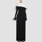 Black and White Color Blocked Knitted Floor Length Dress 2024 New Asymmetrical Shoulder Pleated Long Dress