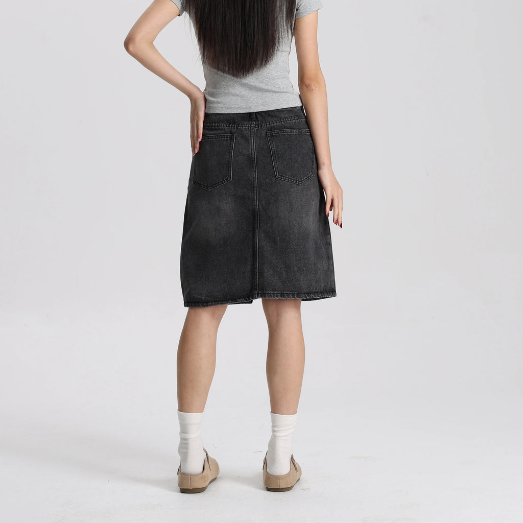 Women Washed Black Denim A-Line Mini Skirt Mid Waist Casual Vintage Style High Quality Fashion Skirt