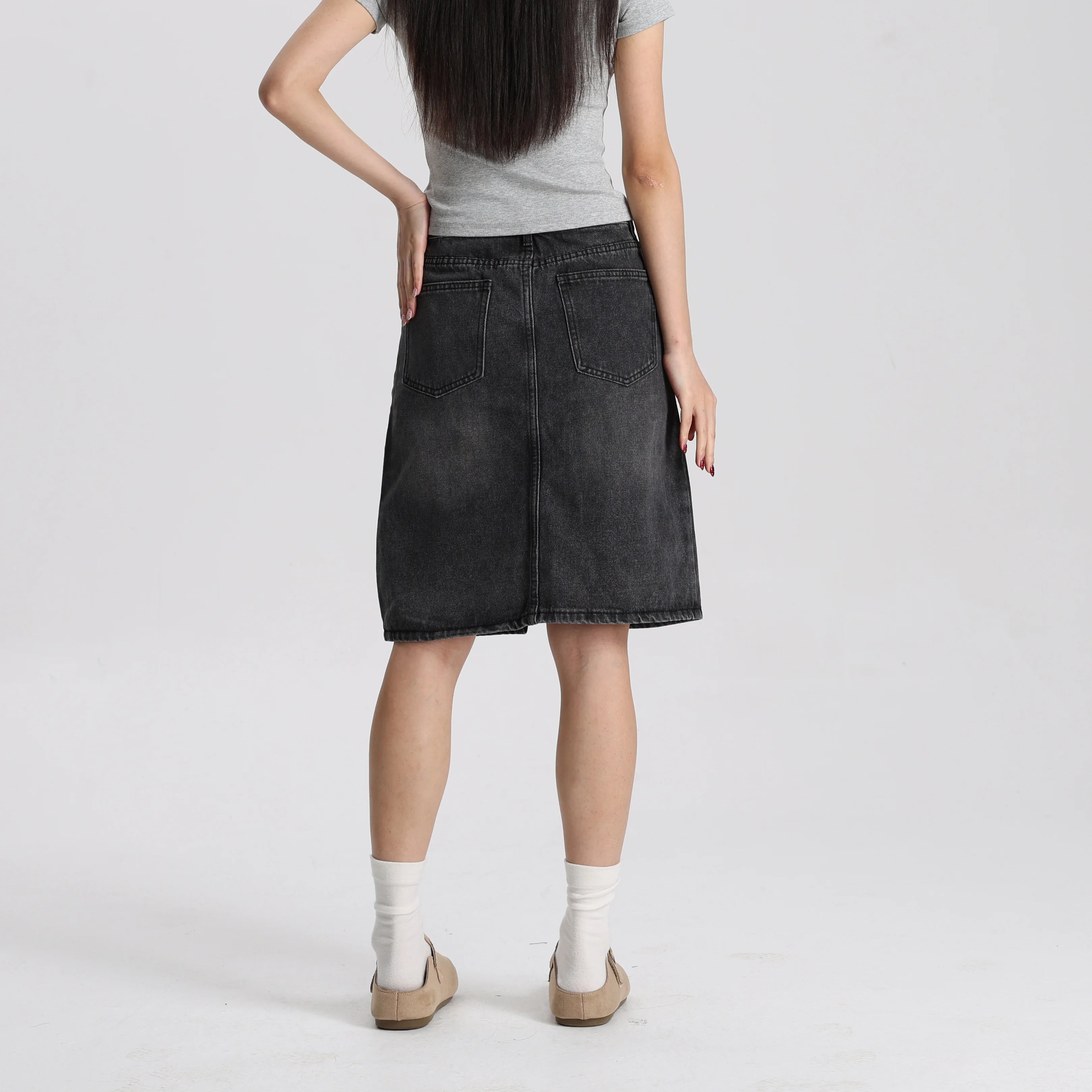Women Washed Black Denim A-Line Mini Skirt Mid Waist Casual Vintage Style High Quality Fashion Skirt