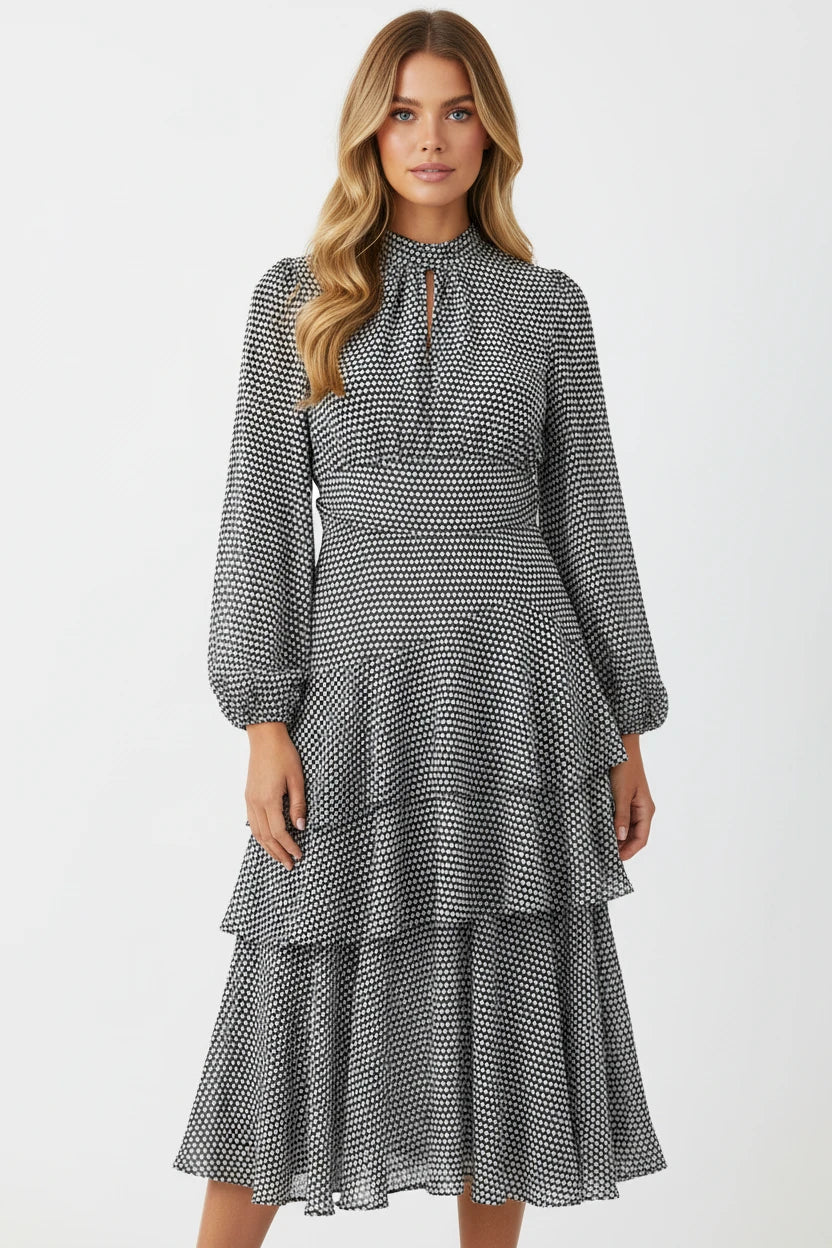 TAOP&ZA 2026 Spring New Fashionable Simple Layered Decorated Long-Sleeved Stand Collar Polka Dot Midi Maxi Dress 9861