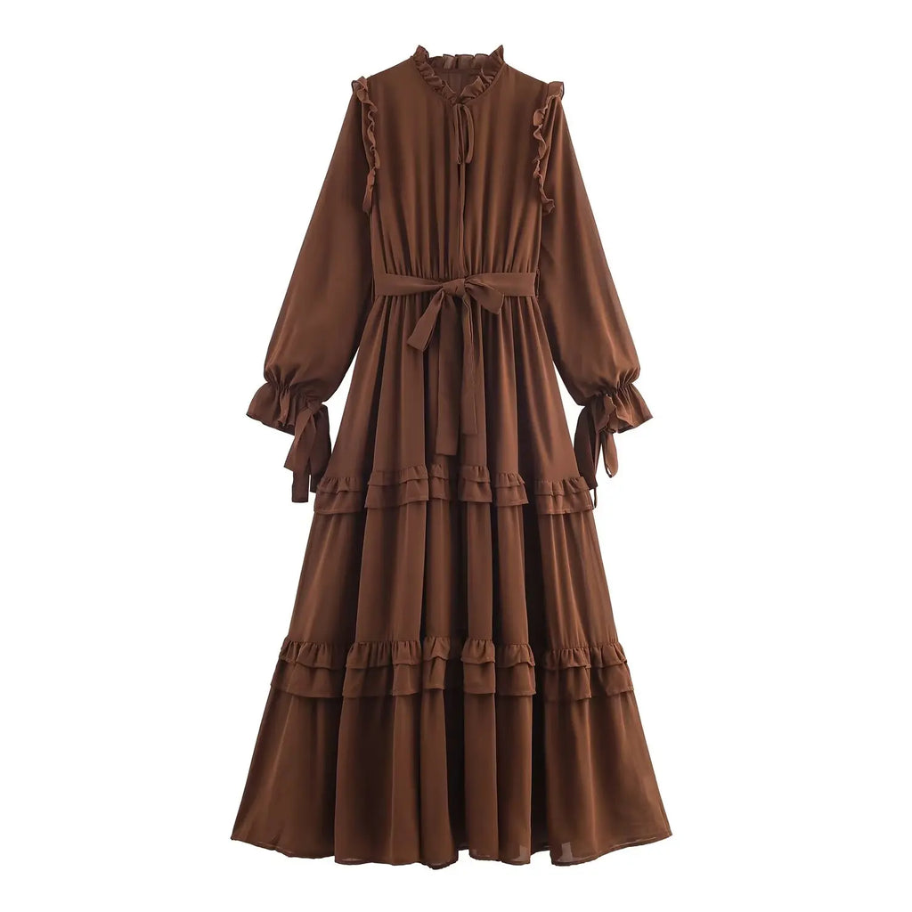 TAOP&ZA 25 New Elegant Fashion Women's Clothing European and American Temperament Ruffled Long Sleeve Tie Waist Long Skirt 8967