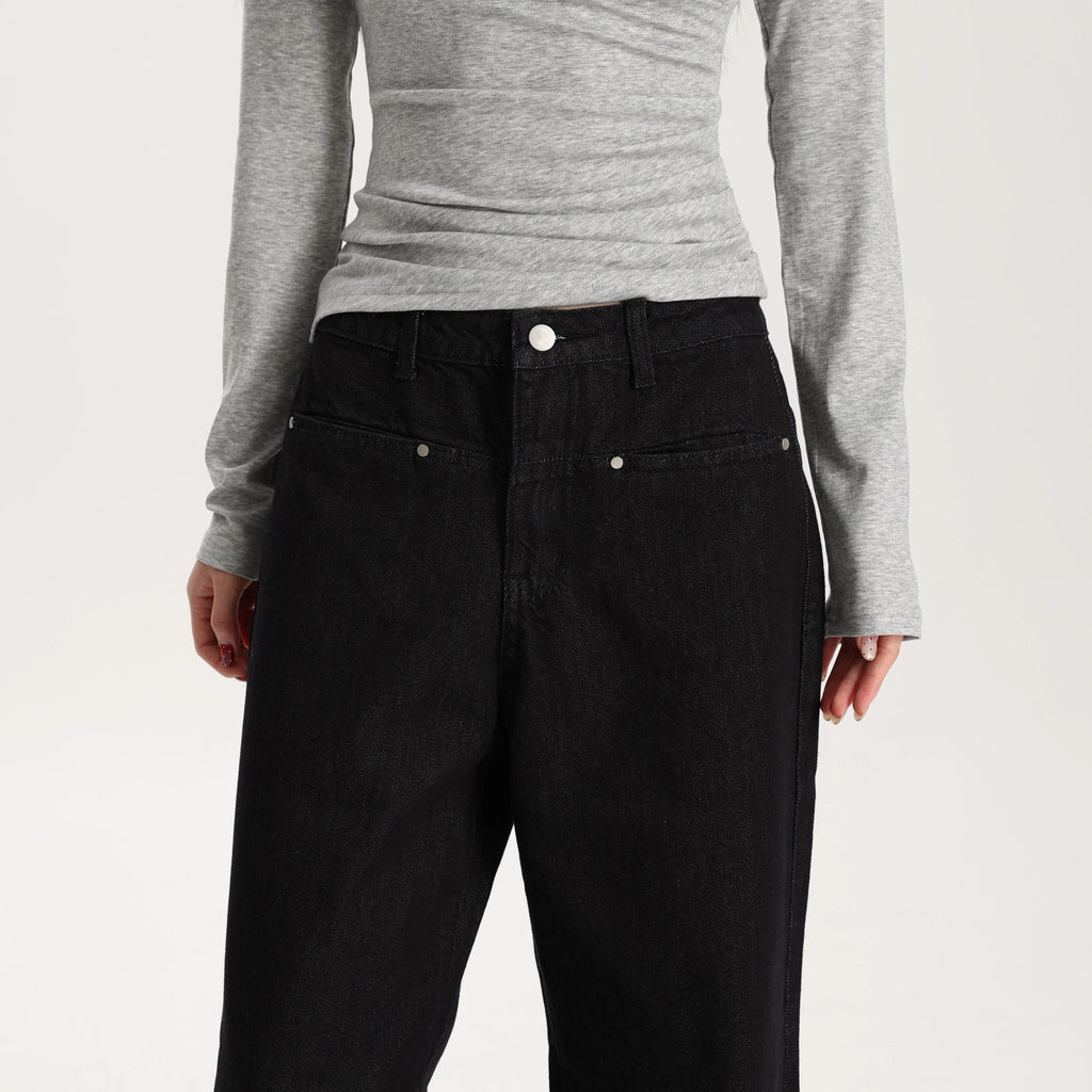 Women Black Wide Leg Jeans Mid Waist Loose Fit Casual Vintage Denim Pants High Quality Durable Structured Fabric