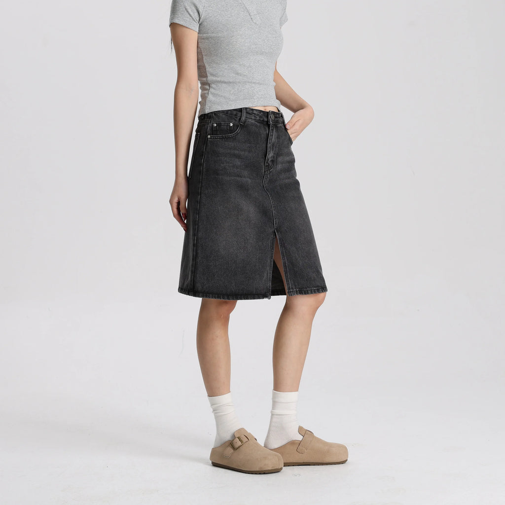 Women Washed Black Denim A-Line Mini Skirt Mid Waist Casual Vintage Style High Quality Fashion Skirt