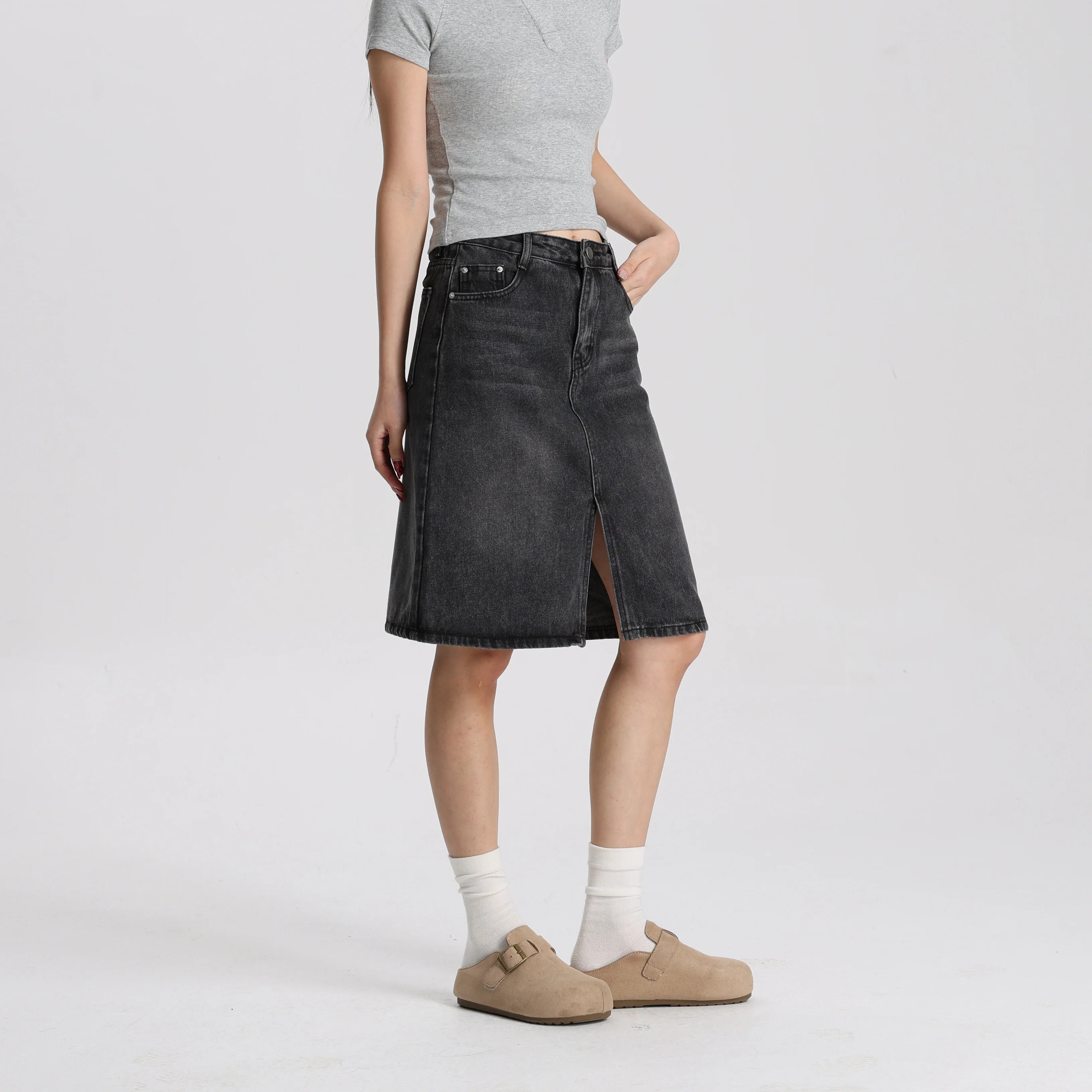 Women Washed Black Denim A-Line Mini Skirt Mid Waist Casual Vintage Style High Quality Fashion Skirt