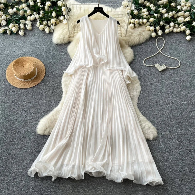 Casual Long Dress 2026 French Soft Sleeveless Dress Pleated Relaxed Women'S Elegant Office Plus Size Printed Dress Wholesale