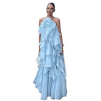 Hot Sale Ladies Summer Maxi Dress A-Line Flower Layered Halter Backless Sleeveless with Ruffles Decoration Parties Casual Dress