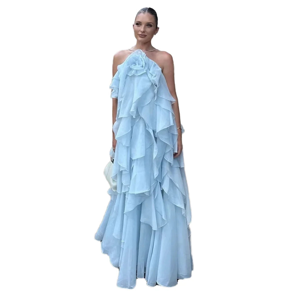 Hot Sale Ladies Summer Maxi Dress A-Line Flower Layered Halter Backless Sleeveless with Ruffles Decoration Parties Casual Dress