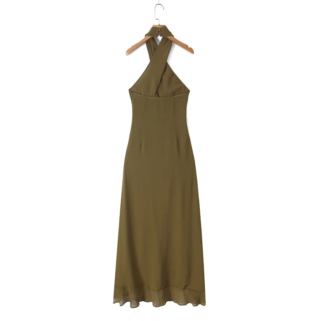 TAOP&ZA Retro Fashion European and American Style 2026 New Women's Halter Neck Beaded Backless Ruffle Sleeveless Dress