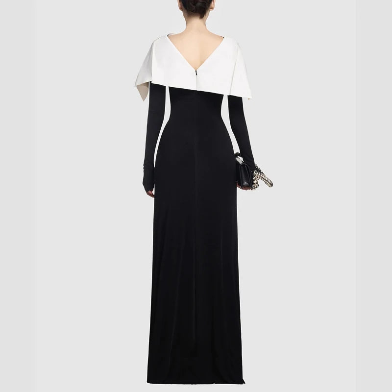 Black and White Color Blocked Knitted Floor Length Dress 2024 New Asymmetrical Shoulder Pleated Long Dress