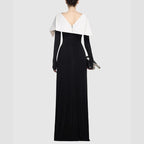 Black and White Color Blocked Knitted Floor Length Dress 2024 New Asymmetrical Shoulder Pleated Long Dress