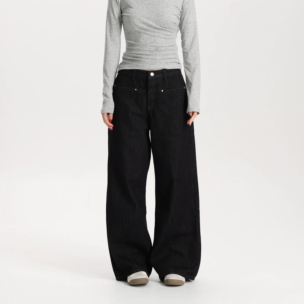 Women Black Wide Leg Jeans Mid Waist Loose Fit Casual Vintage Denim Pants High Quality Durable Structured Fabric