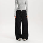 Women Black Wide Leg Jeans Mid Waist Loose Fit Casual Vintage Denim Pants High Quality Durable Structured Fabric