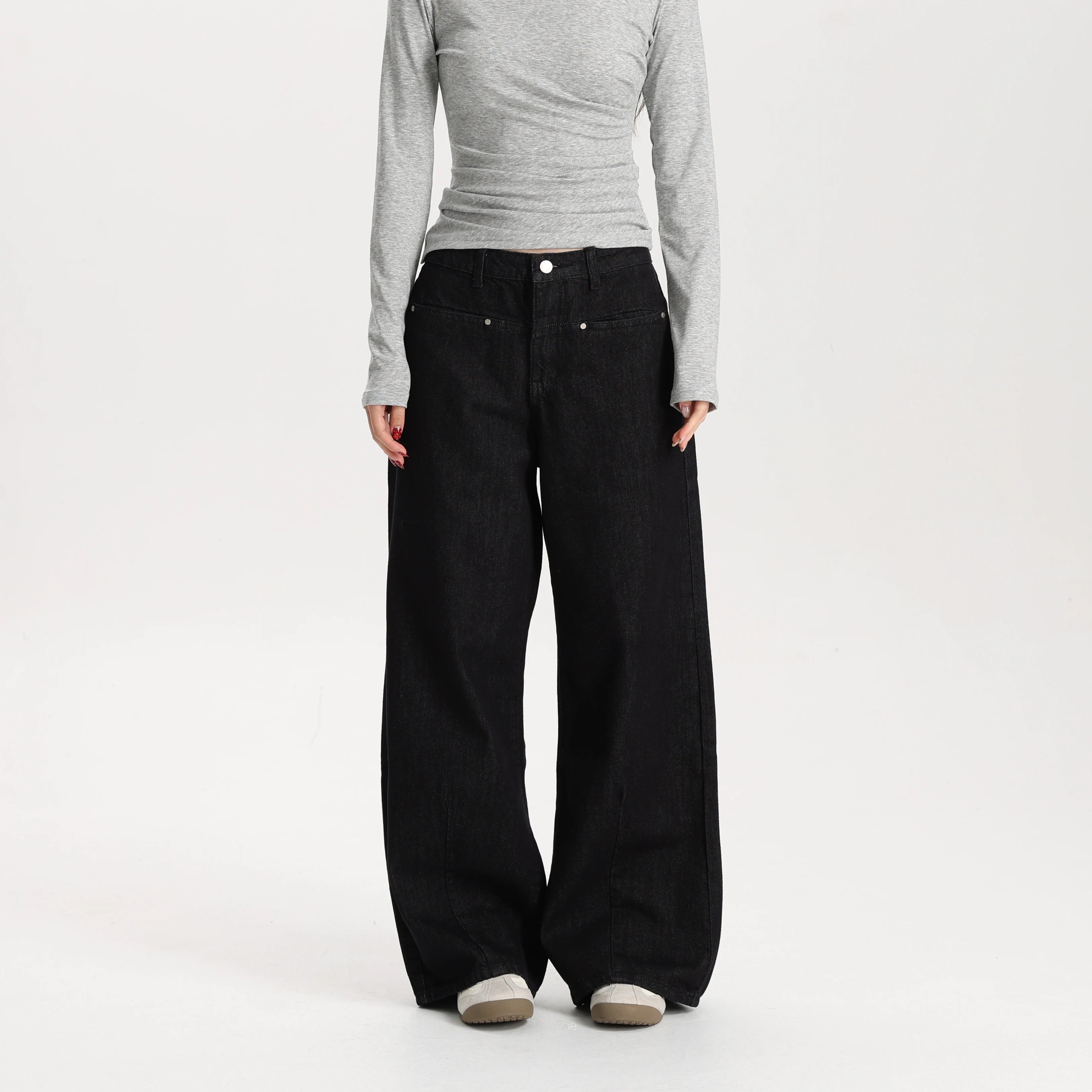 Women Black Wide Leg Jeans Mid Waist Loose Fit Casual Vintage Denim Pants High Quality Durable Structured Fabric
