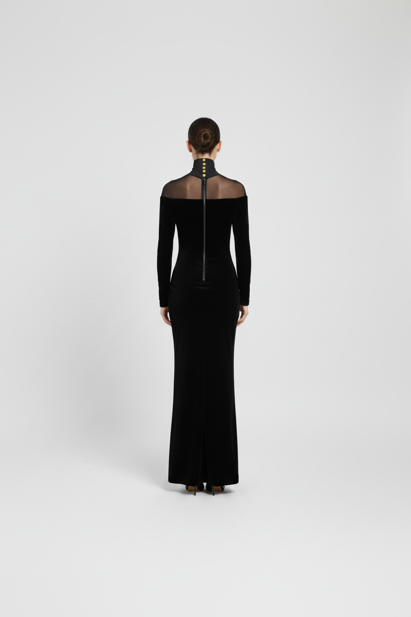 The Noir Illusion Velvet Gown – Sheer Panel Maxi